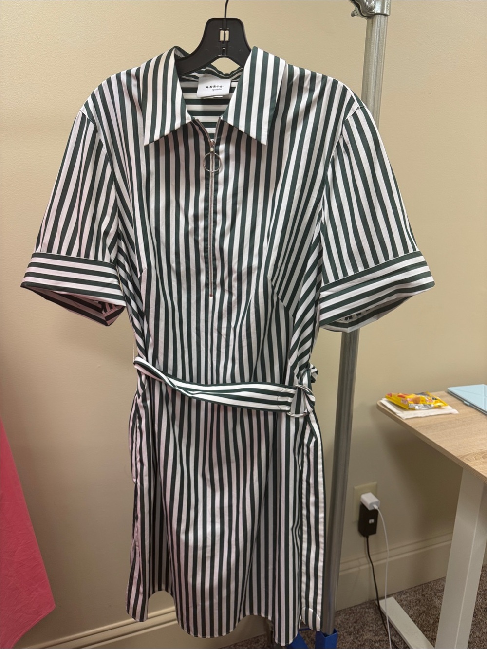 Akris Punto Green and White Vertical-Stripe Zip Shirt Mini Dress